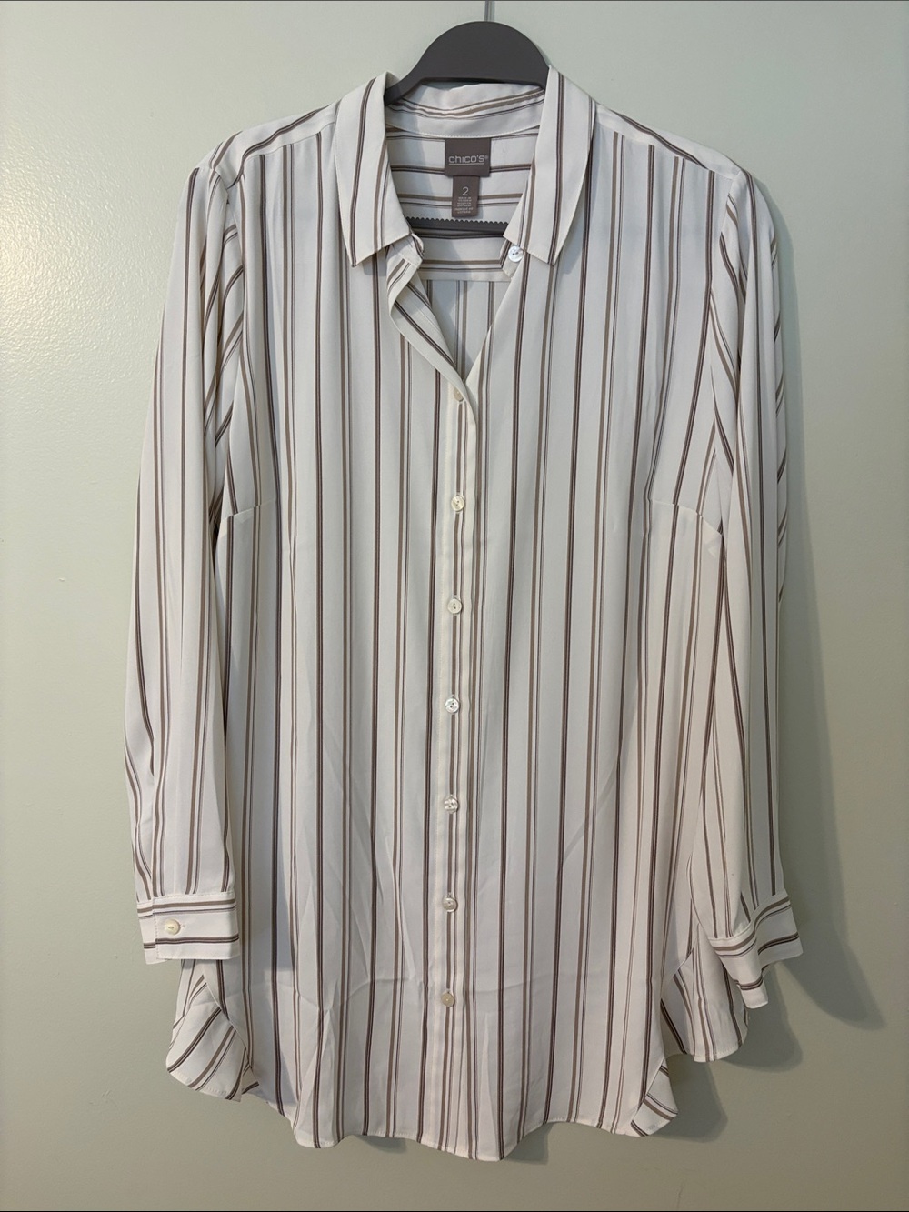 Chico's White Button-Down Shirt with Brown Stripes